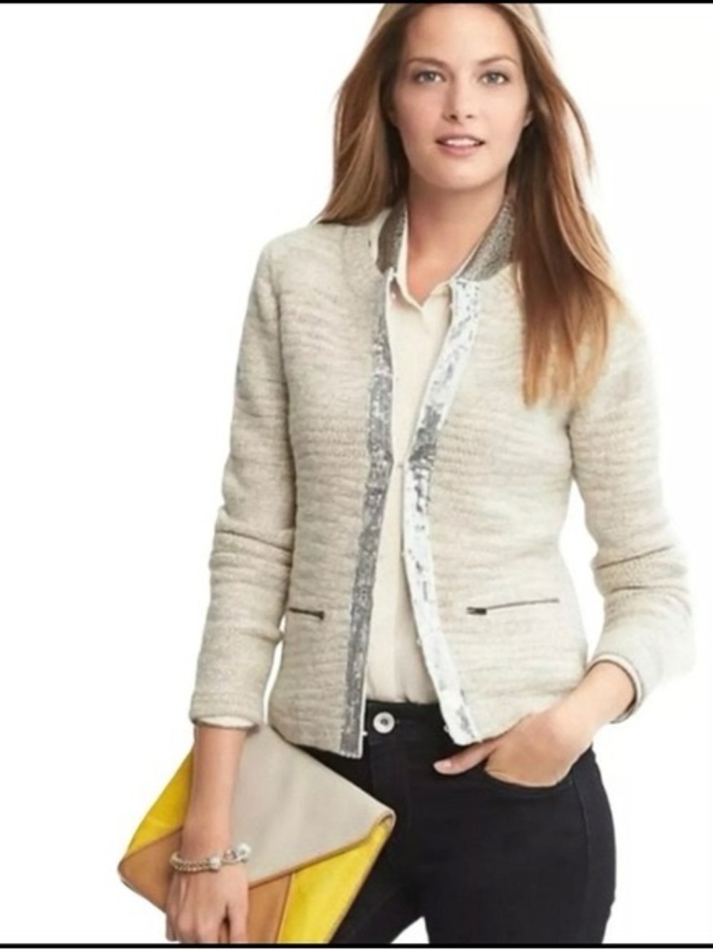 Banana Republic Merino Wool Boucle Light Beige Sequin-Trim Blazer Size Medium